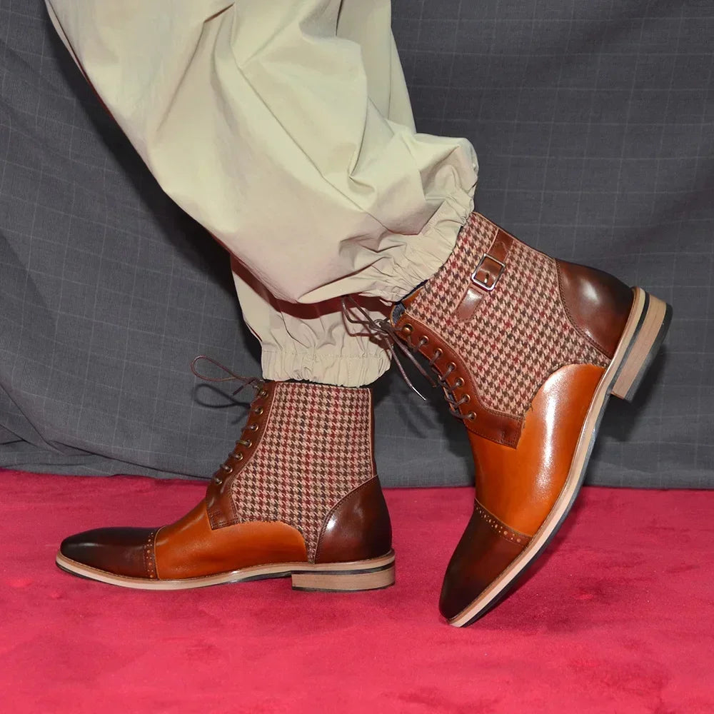 Houndstooth Genuine Leather Men's Ankle Boots