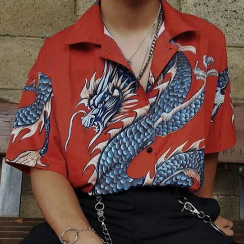 Loose Fit Chinese Dragon Printed Shirt