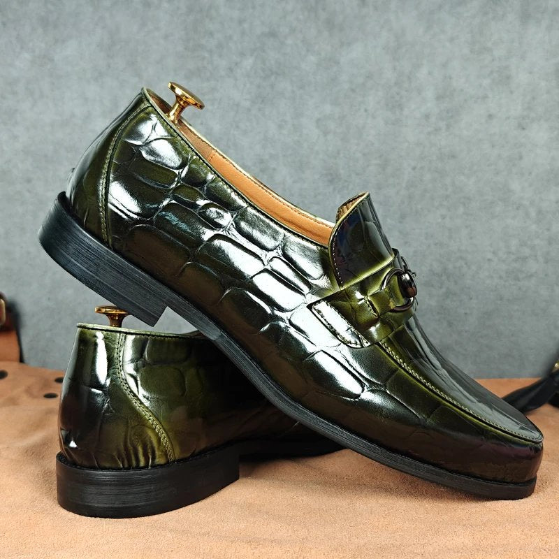 Green Croc Leather Pattern Horsebit Loafers