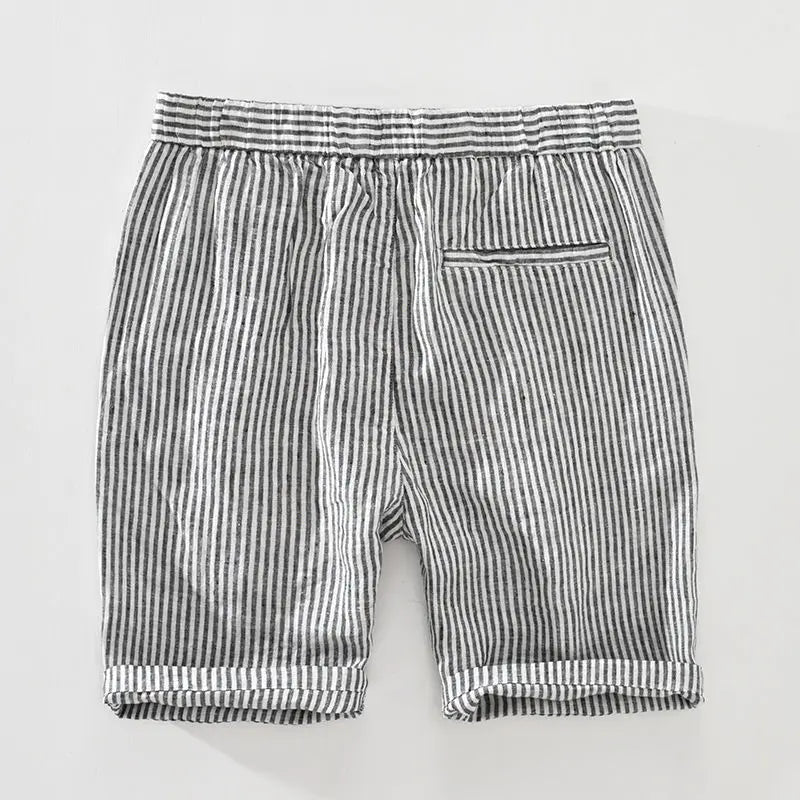 Striped Pure Linen Elastic Waist Shorts