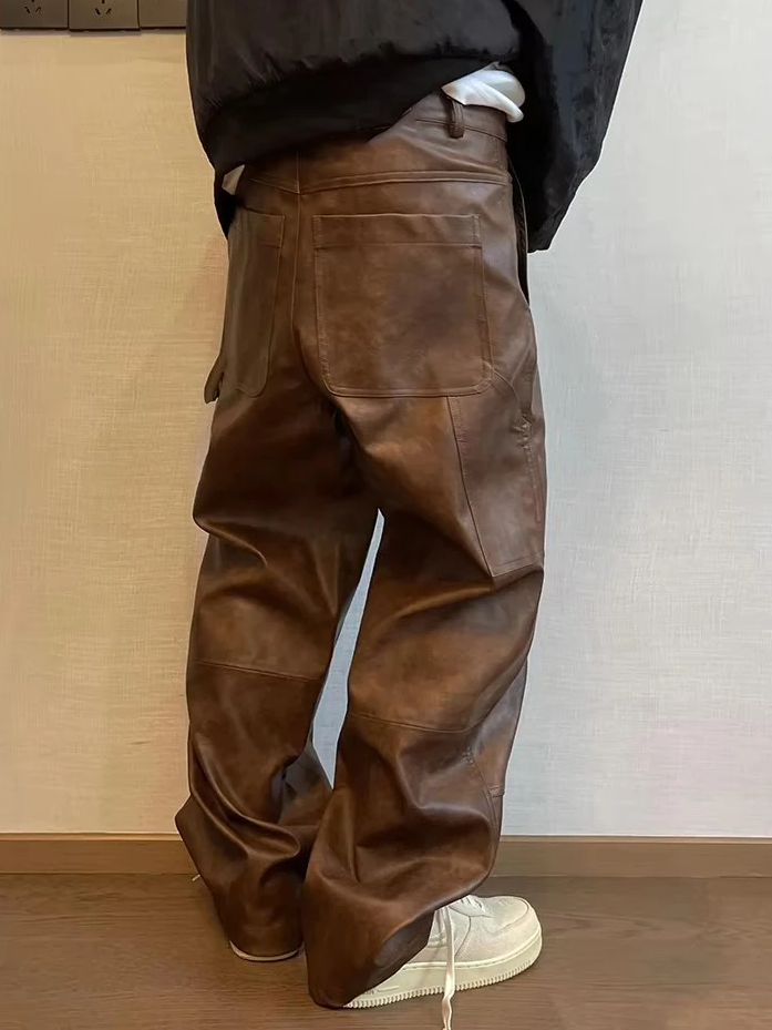 Retro Distressed Washed Brown Leather Pants