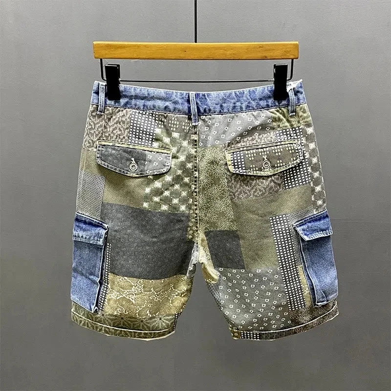 Printed Patchwork Design Denim Shorts