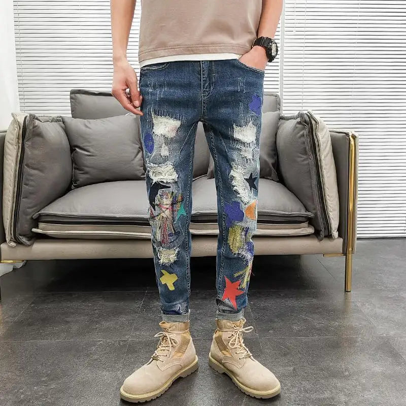 Ripped-Patchwork Slim Fit Jeans