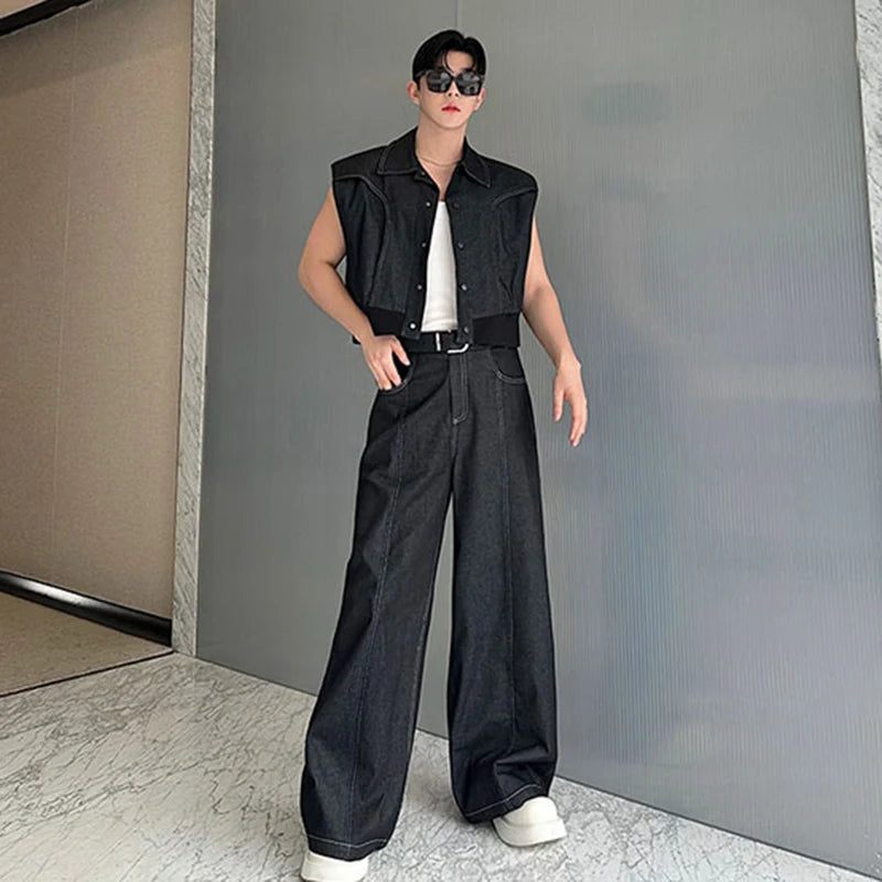 Black Denim Vest Pants Set