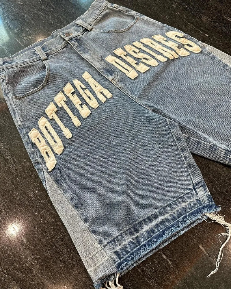 Letter Embroidery Washed Denim Shorts