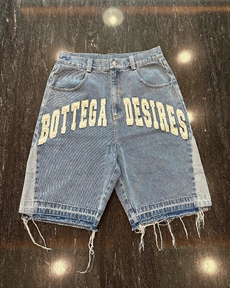 Letter Embroidery Washed Denim Shorts