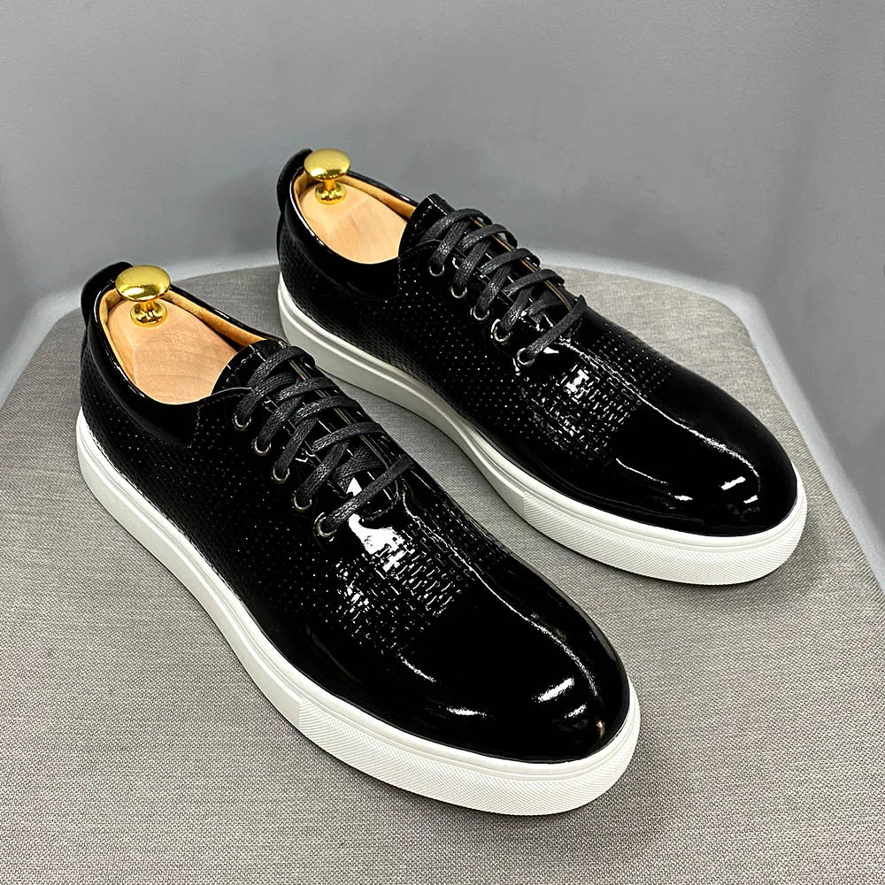 Black Patent Leather Lace-Up Sneakers