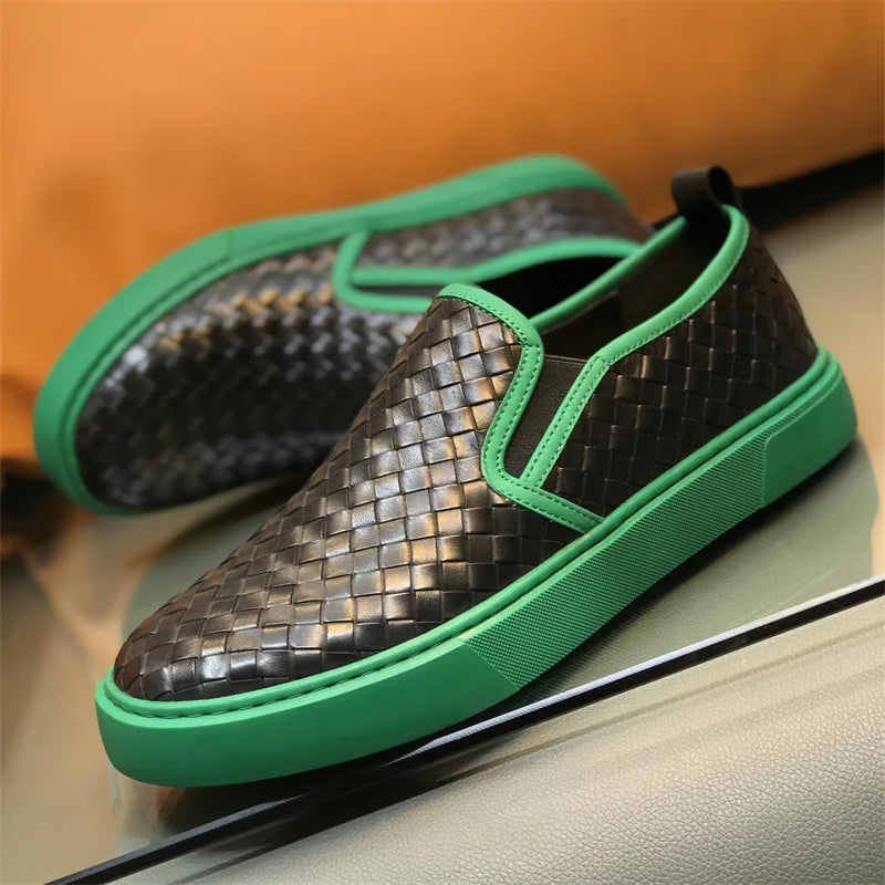 Woven Pattern Leather Flat Slip-On Shoes