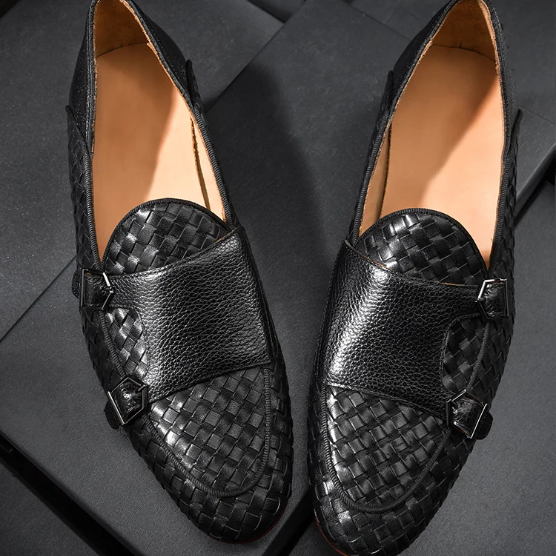 Black Woven Leather Monk Strap Shoes