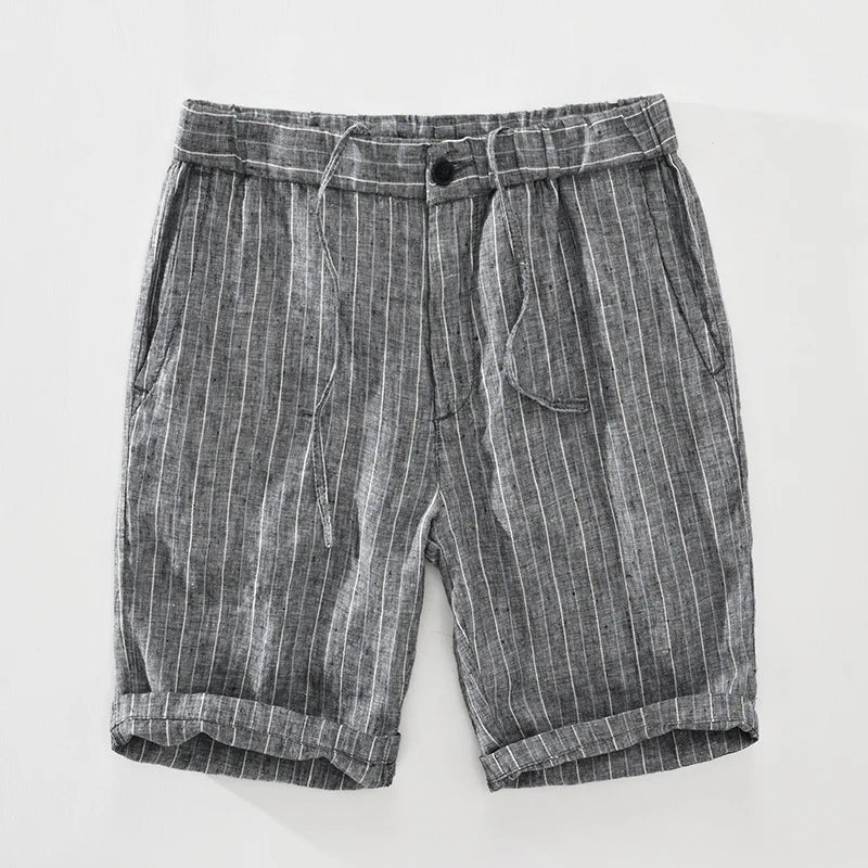 Striped Pure Linen Elastic Waist Shorts