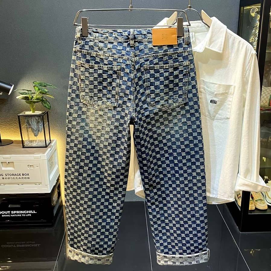 Geometric Pattern Straight Denim Jeans