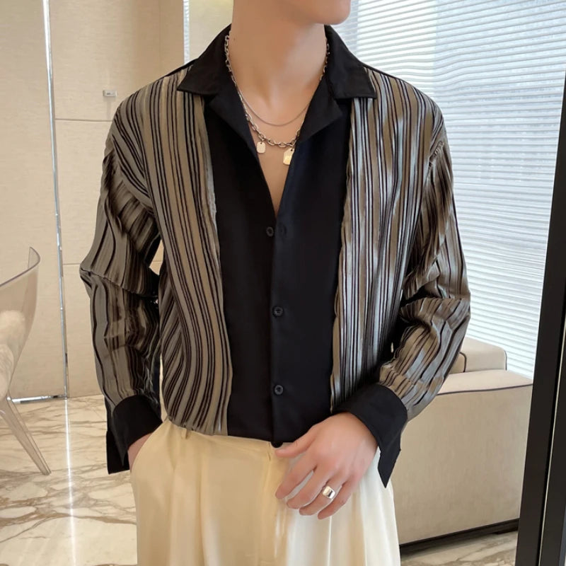 Striped V-Neck Loose Pleated Shirt