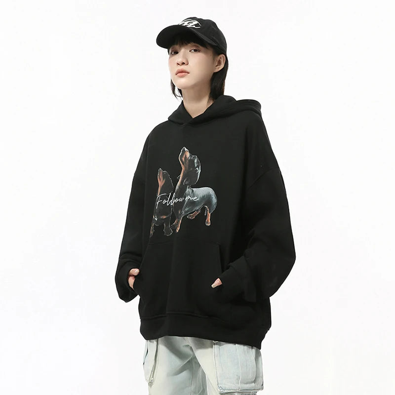 Solid Dog Printed Letter Loose Hoodie