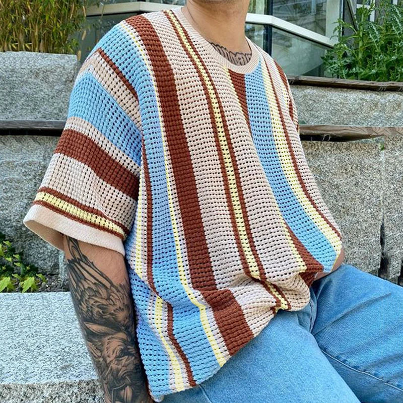 Vertical Striped Knit O-Neck T-Shirt