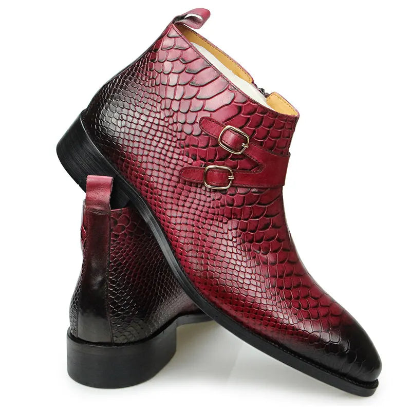 Snakeskin Print Leather Buckle Boots