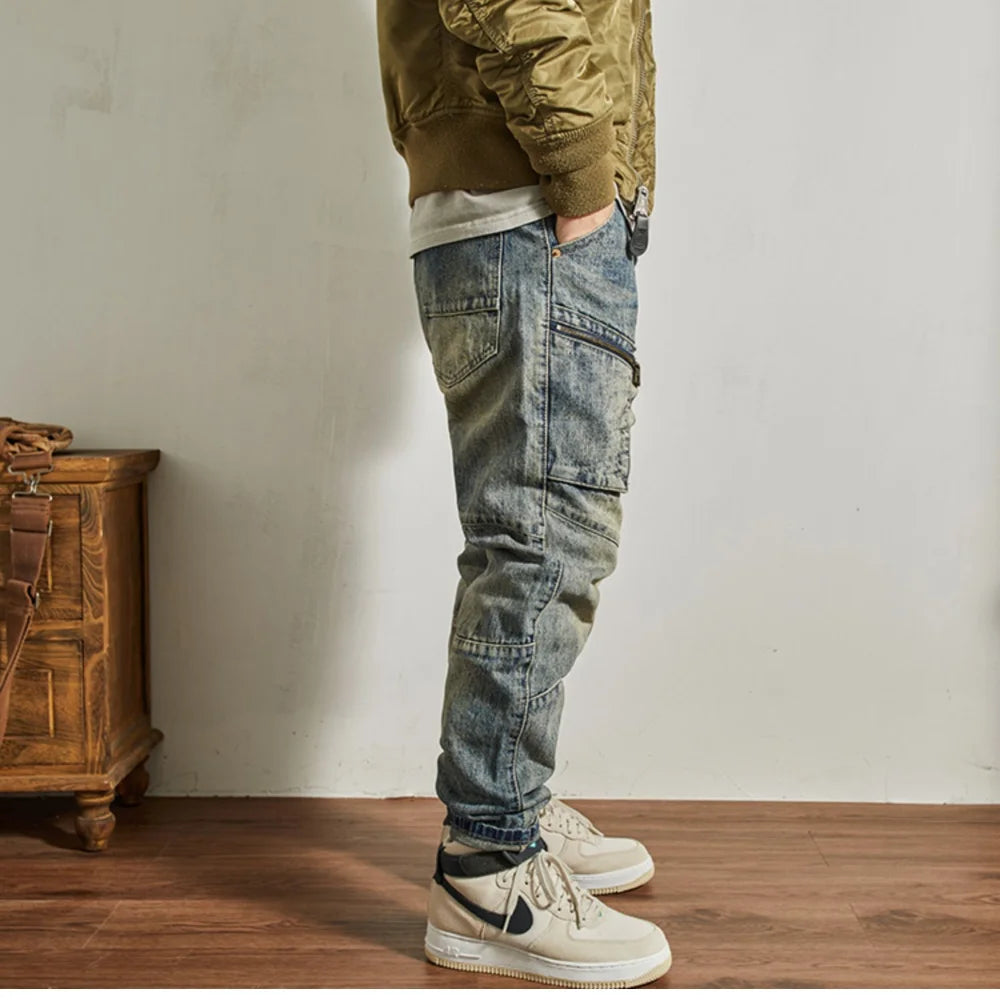 Zip Pockets Panel Stitching Denim Jeans