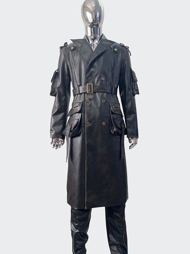 Black Double-Breasted PU Leather Trench Coat