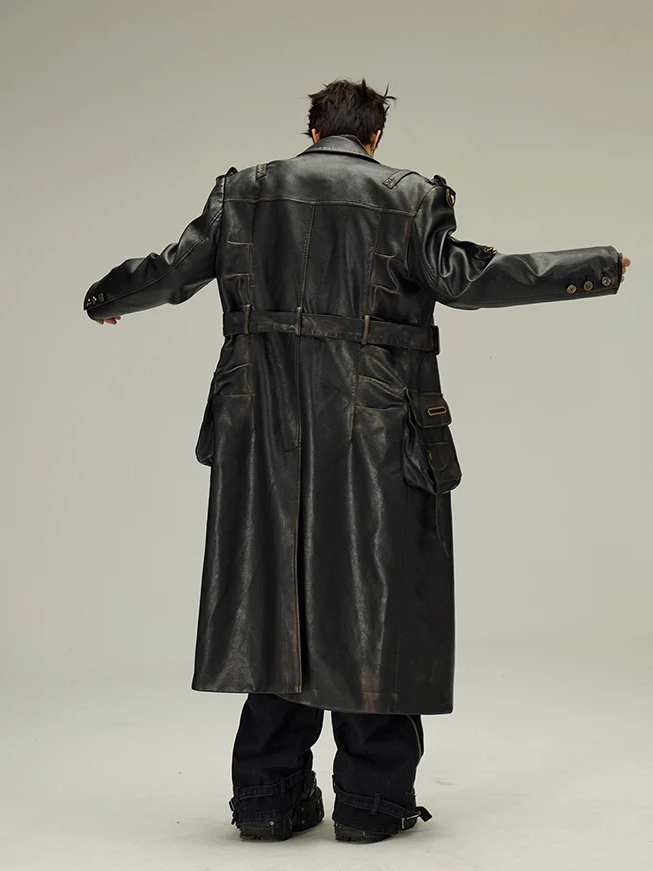 Distressed Black PU Leather Trench Coat