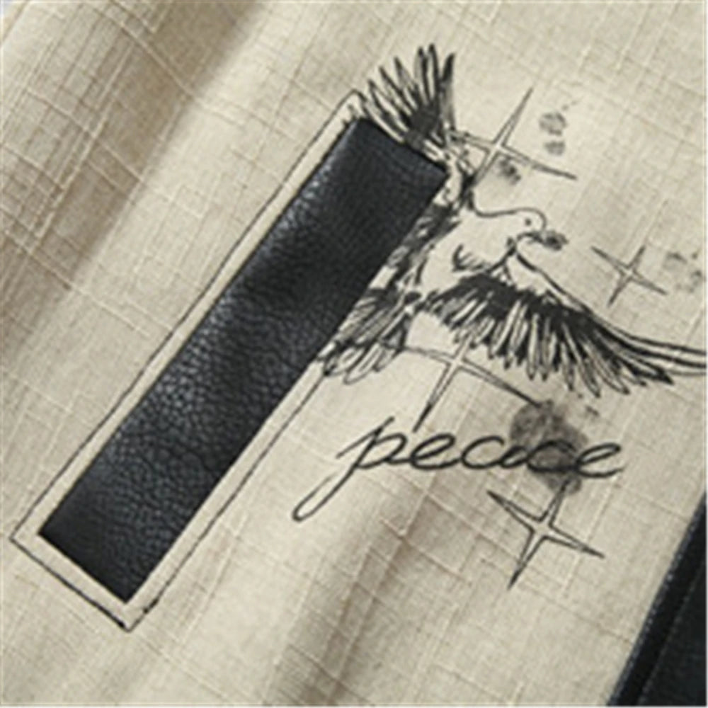 Vintage Sketch Motif Leather Varsity Jacket