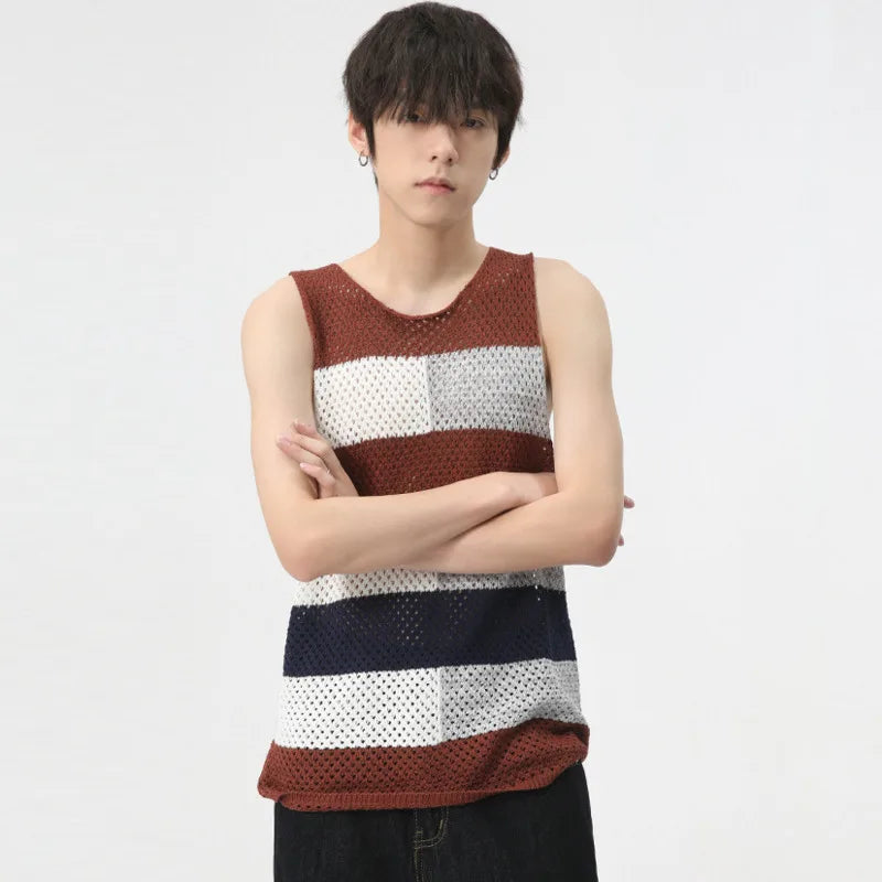 Color Block Knitted Hollow-Out Tank Top