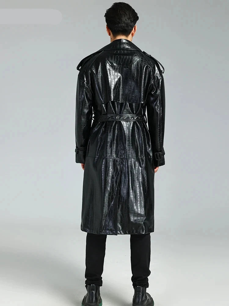 Solid Black Crocodile Print Pu Leather Coat