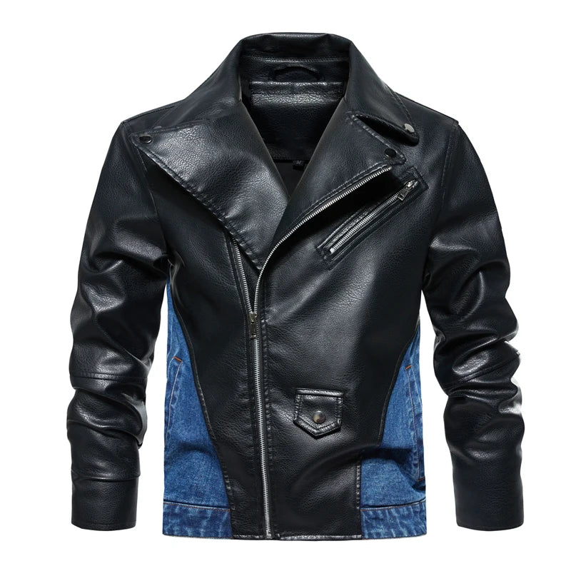 Denim Patchwork PU Leather Jacket