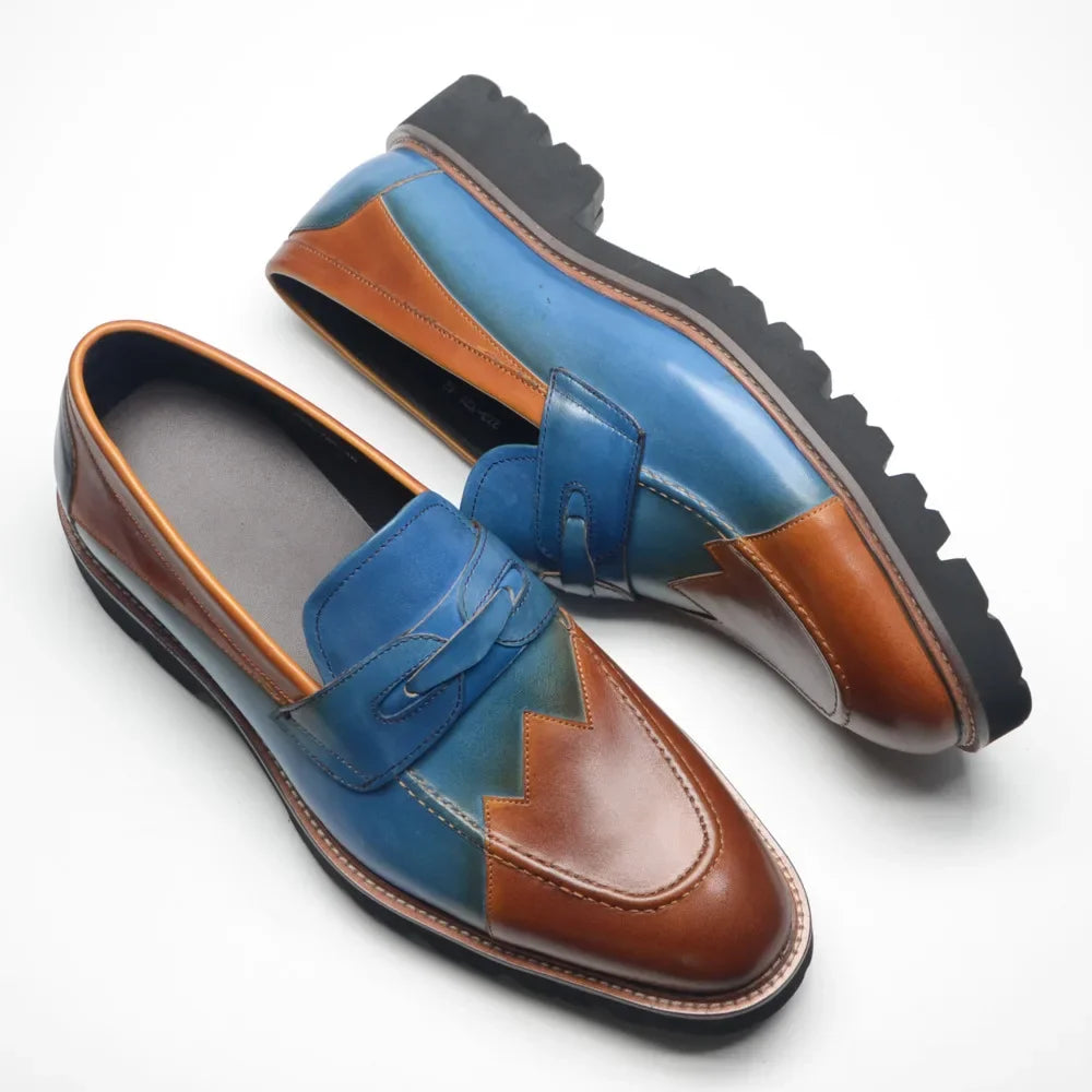 Blue Brown Genuine Leather Men's Loafers