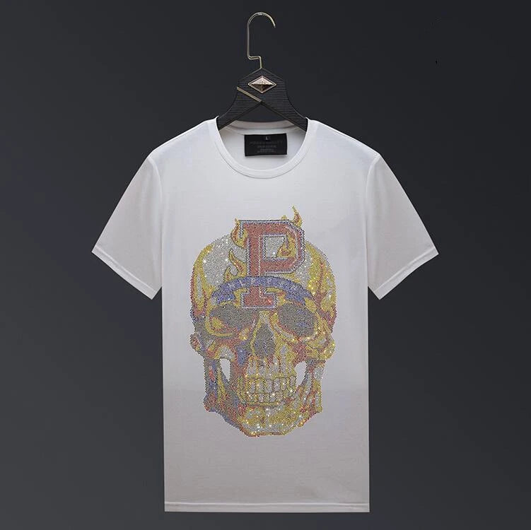 Skull Rhinestone Color O-Neck T-Shirt