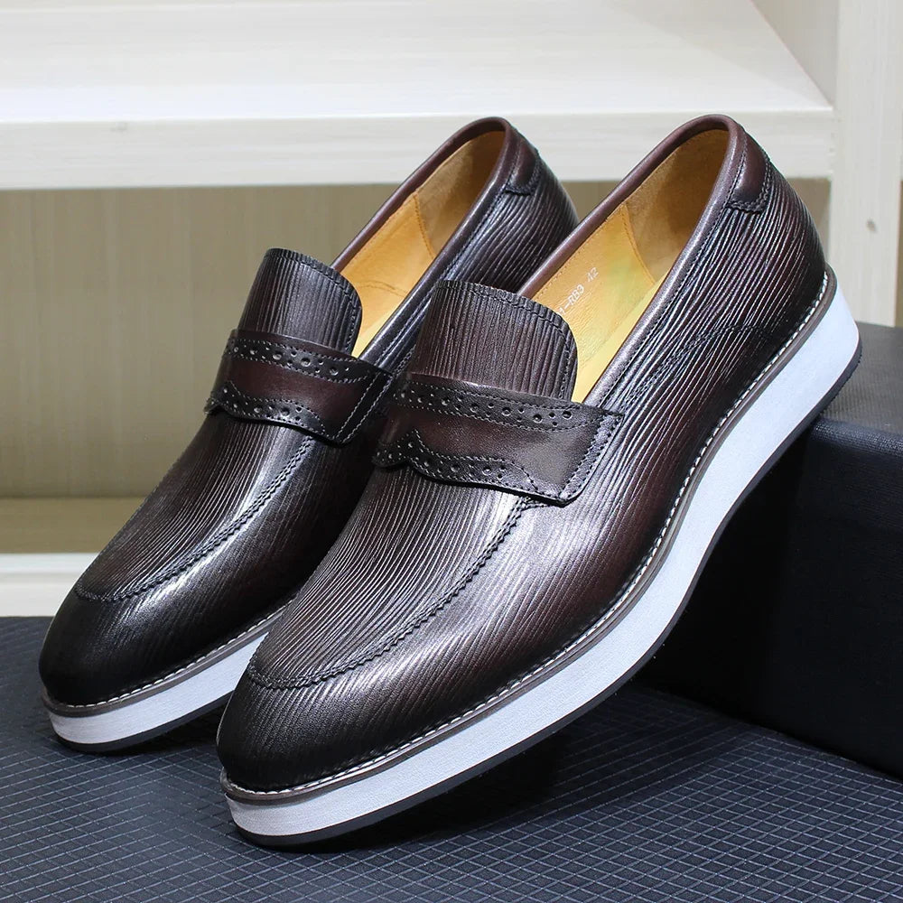 Striped Texture Genuine Leather Loafers
