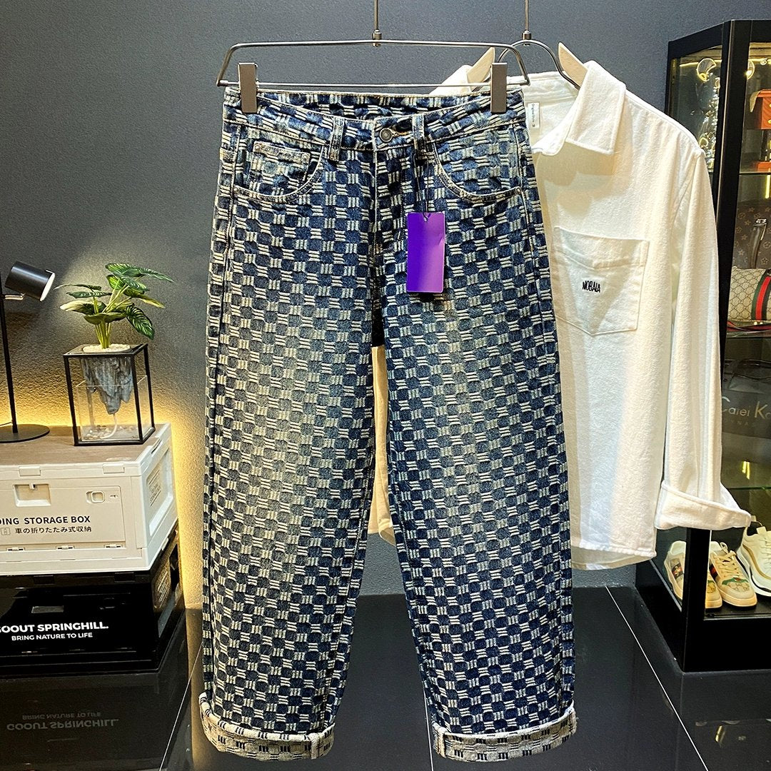 Geometric Pattern Straight Denim Jeans