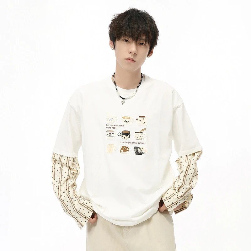 Cartoon Printing Patchwork Long Sleeve T-Shirt