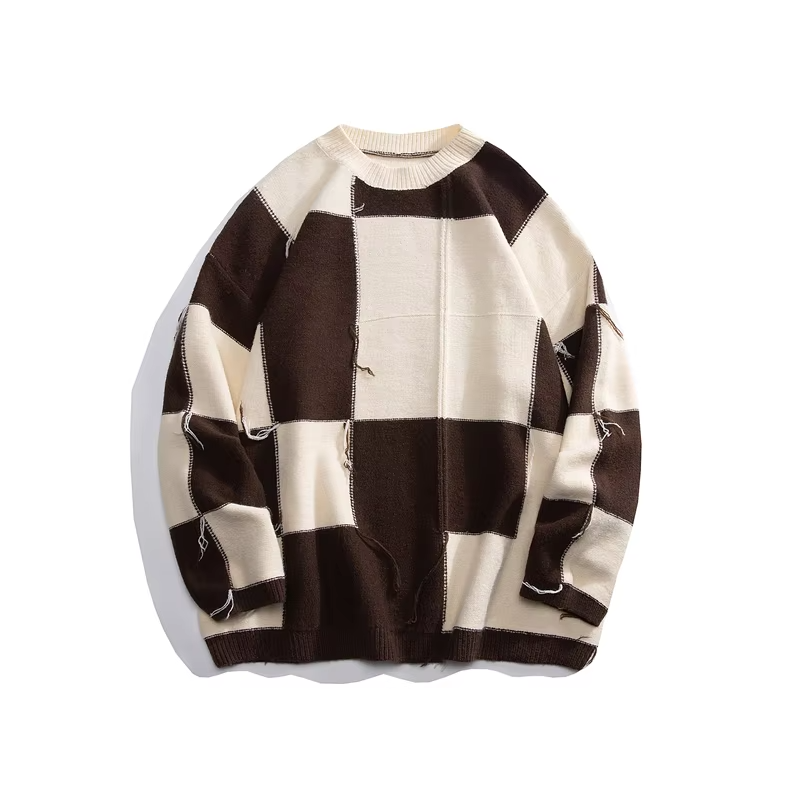 Checkerboard Round Neck Knitted Sweater