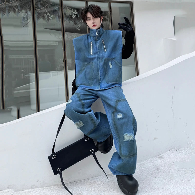 Stand Collar Zipper Vest Denim Pants Set