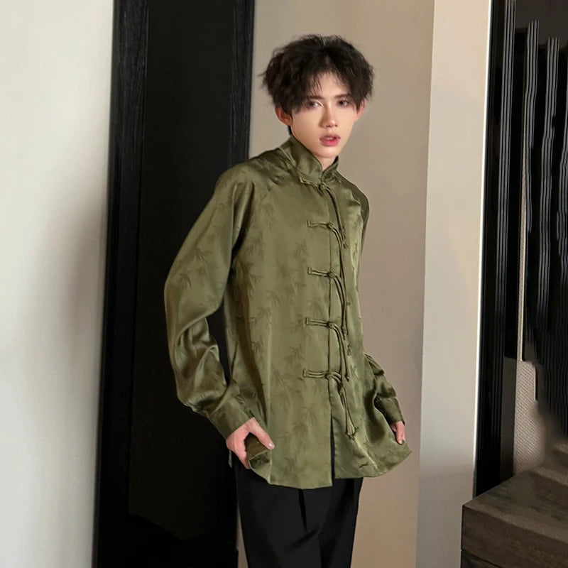 Green Color Chinese Style Long-Sleeve Shirt