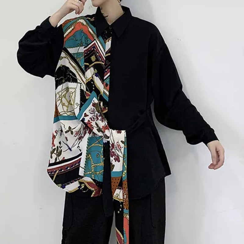 Irregular Ribbon Patchwork Geometric Printed Shirt