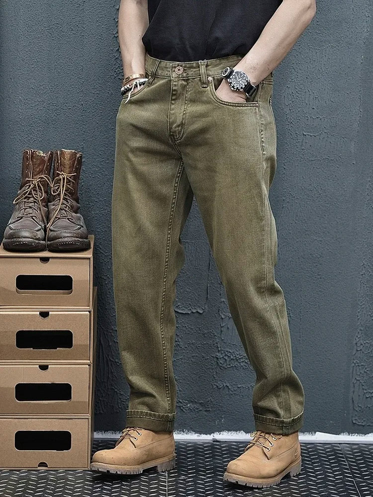 Retro Green Army Straight Denim Jeans