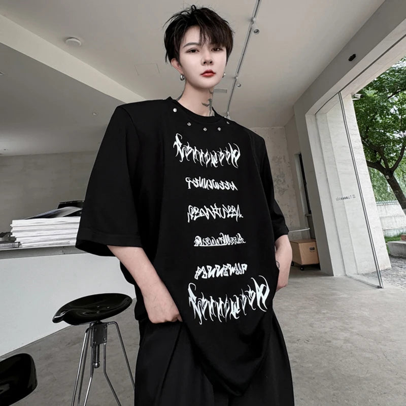 Letter Printed Rivet Metal Decorate T-Shirt