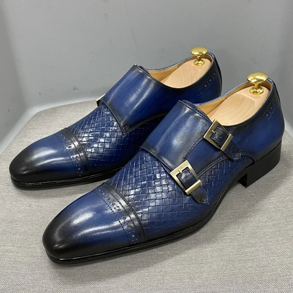 Woven and Solid Pattern Monk Shoes