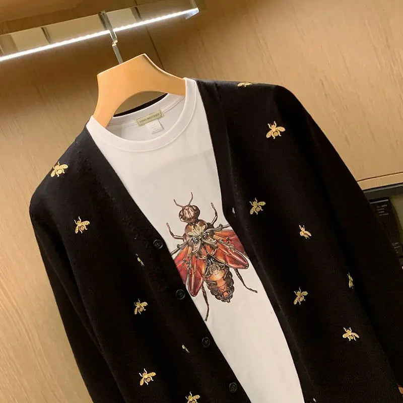 Embroidered Golden Bees V-Neck Cardigan