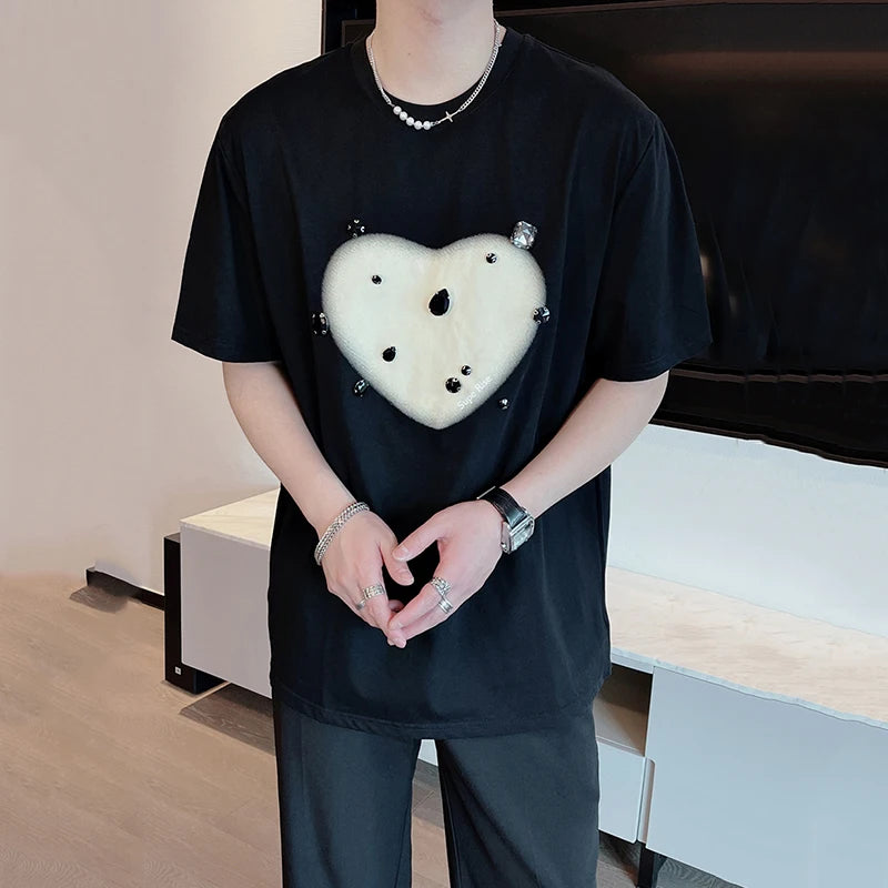 Heart Pattern Rhinestone Decoration T-Shirt