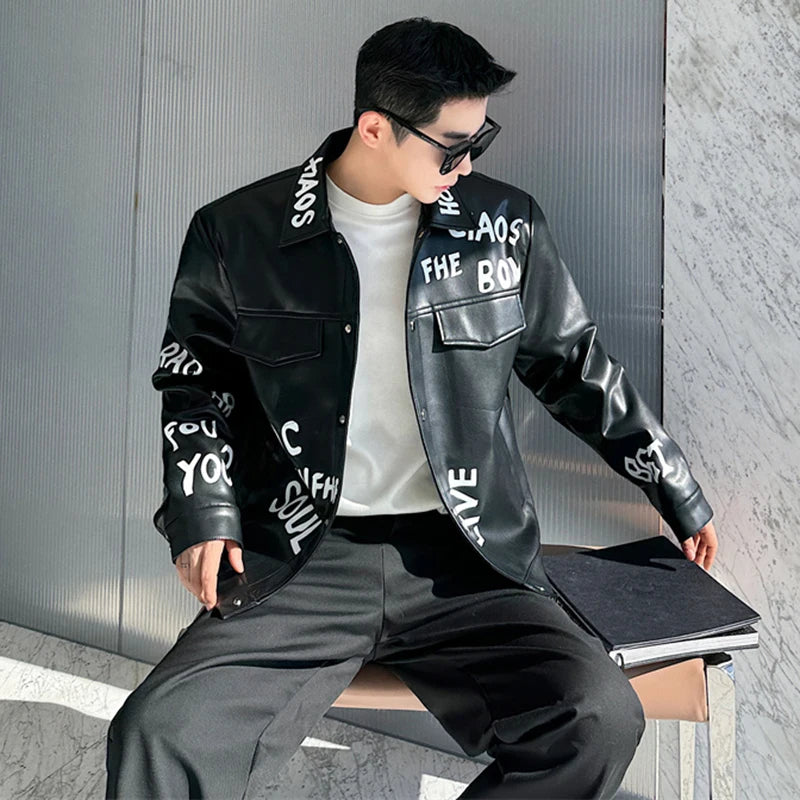 Letter Printed Design Black Leather Jacket