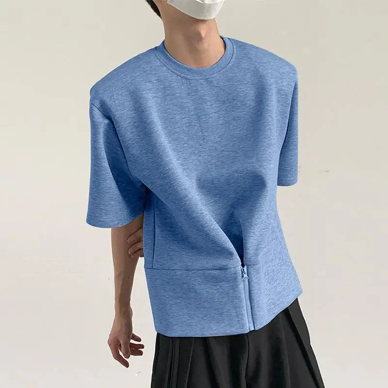 Irregular Solid O-Neck Zipper T-Shirt