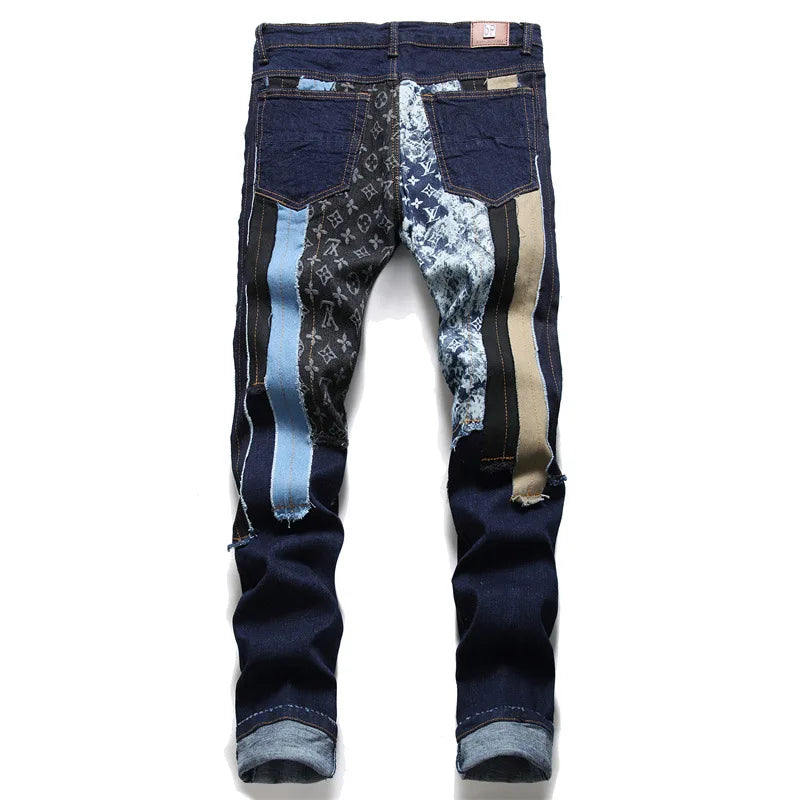 Dark Blue Slim-Fit Patchwork Jeans