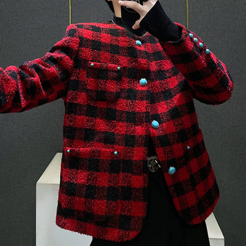 Red Black Lattice Contrast Jacket