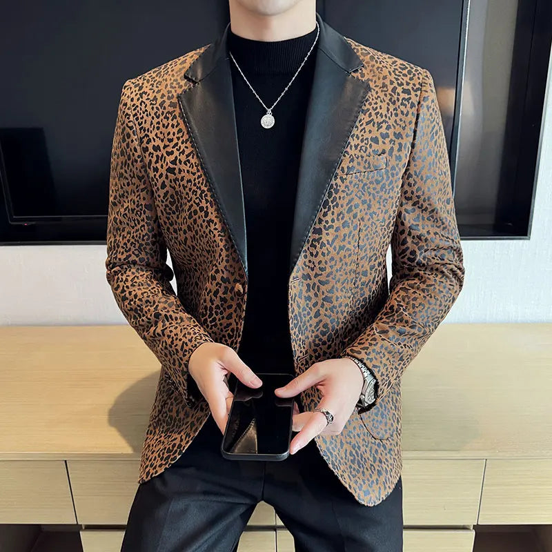 Leopard Pattern Single-Breasted Men Blazer