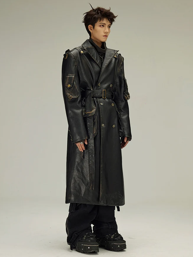 Distressed Black PU Leather Trench Coat