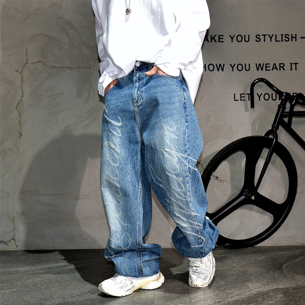 Cursive Script Embroidery Wide Leg Jeans