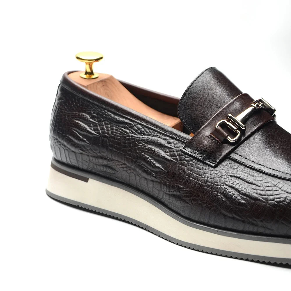 Horsebit Appliques Embossed Croc Texture Loafers