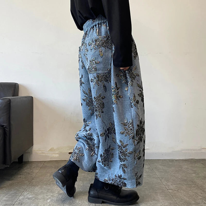 Jacquard Floral Embroidery Wide Leg Jeans
