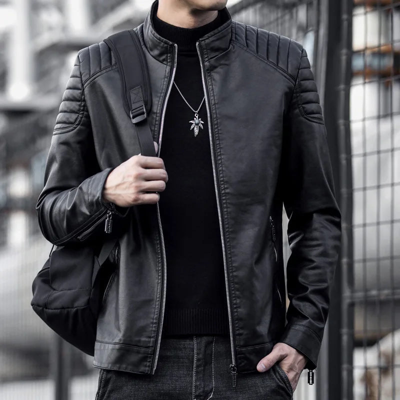 Solid Zipper PU Leather Biker Jacket